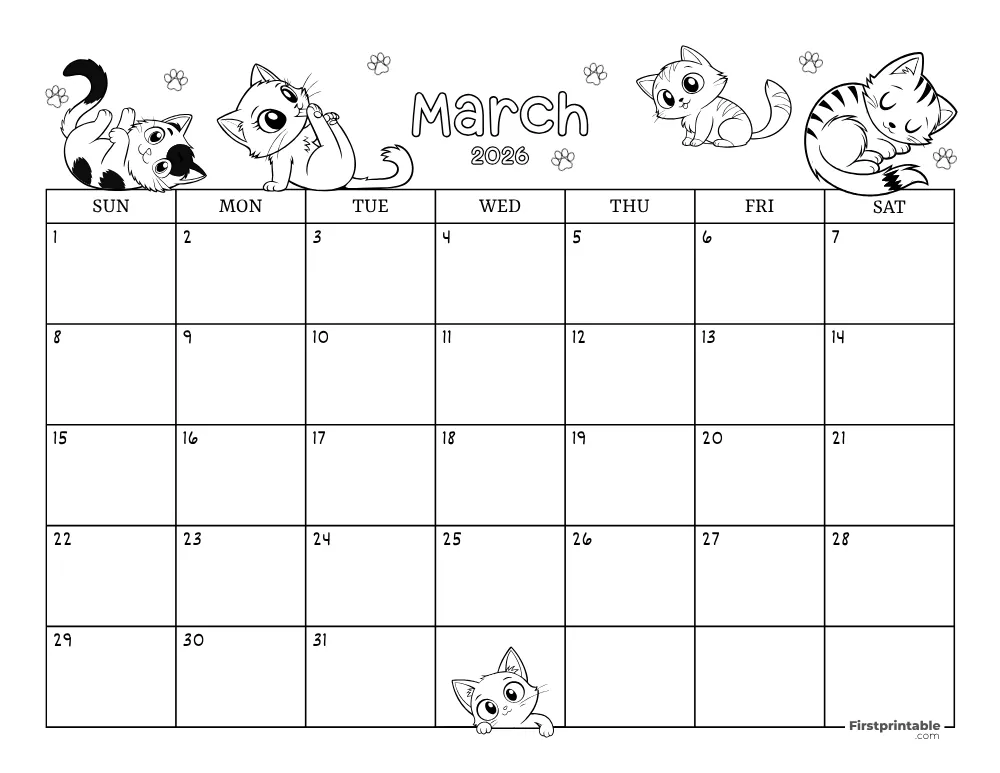 March 2026 Calendar Cat Themed 02