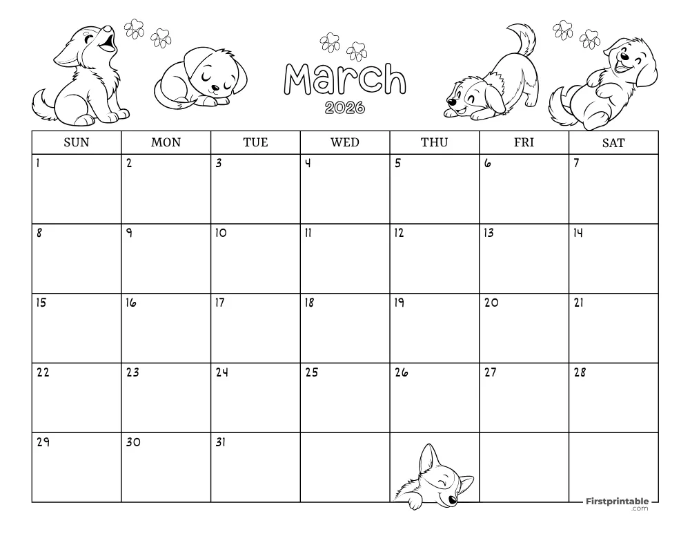 March 2026 Calendar Dog Themed 02
