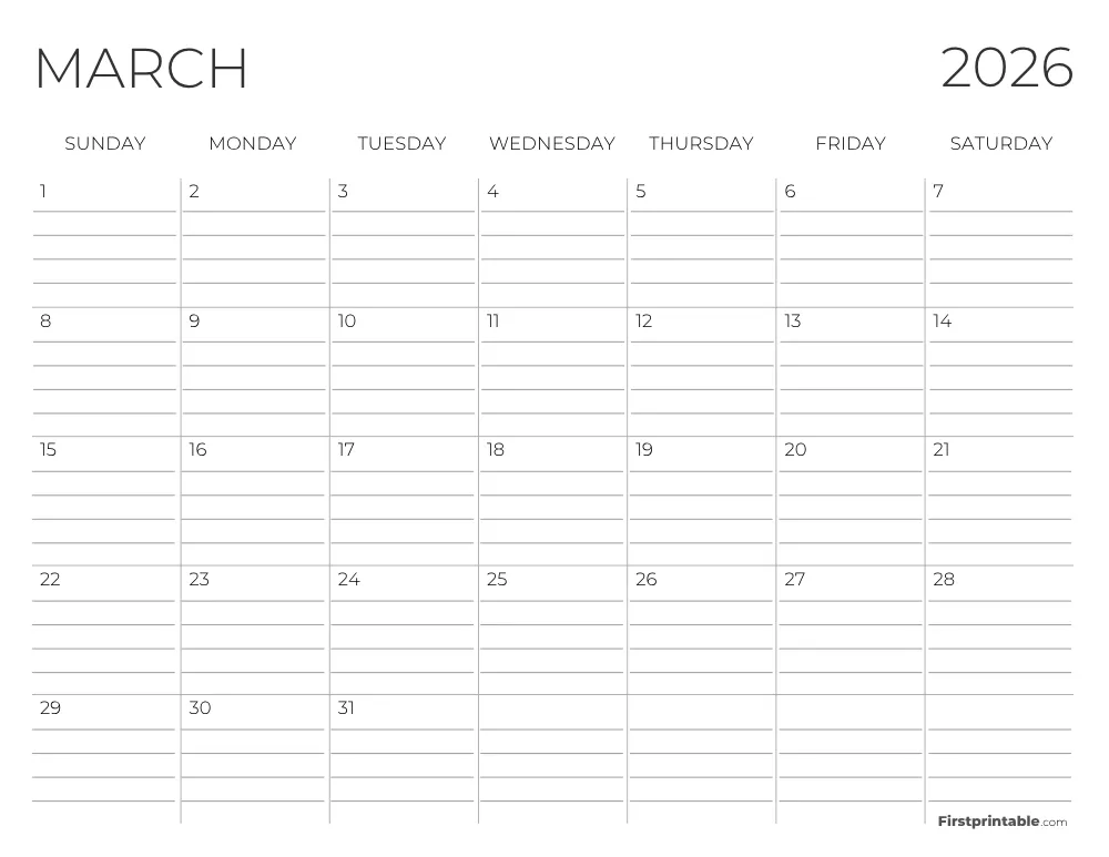 March 2026 Calendar with lines