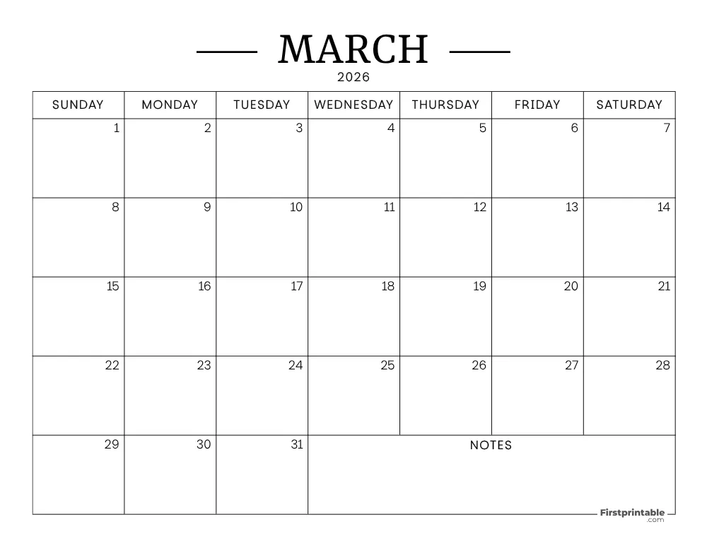 March Calendar 2026 Printable