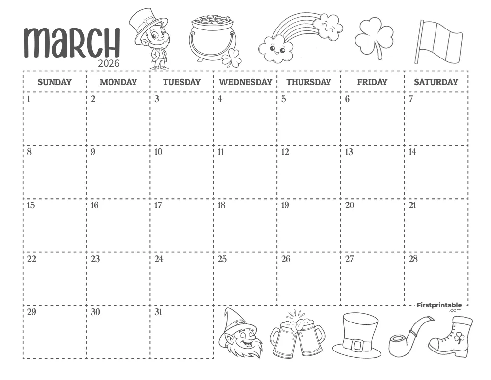 March Calendar 2026 St Patrick Day Themed 01
