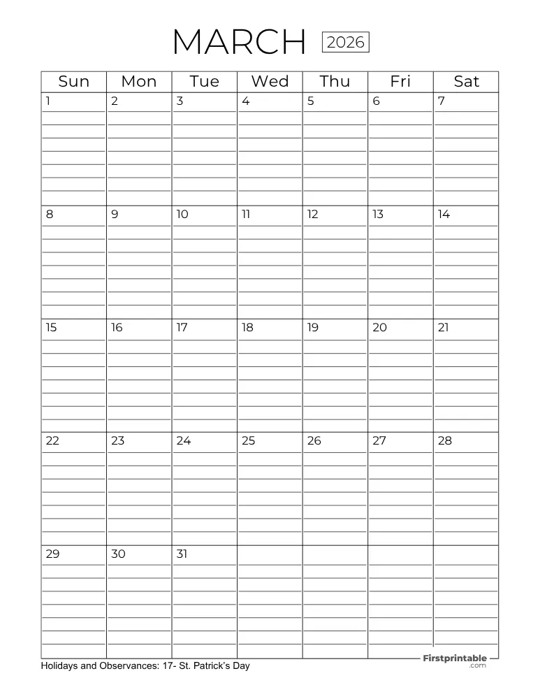 March Calendar 2026 with Lines