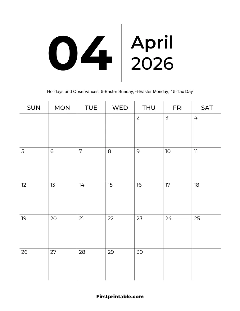 Printable April 2026 Calendar Template