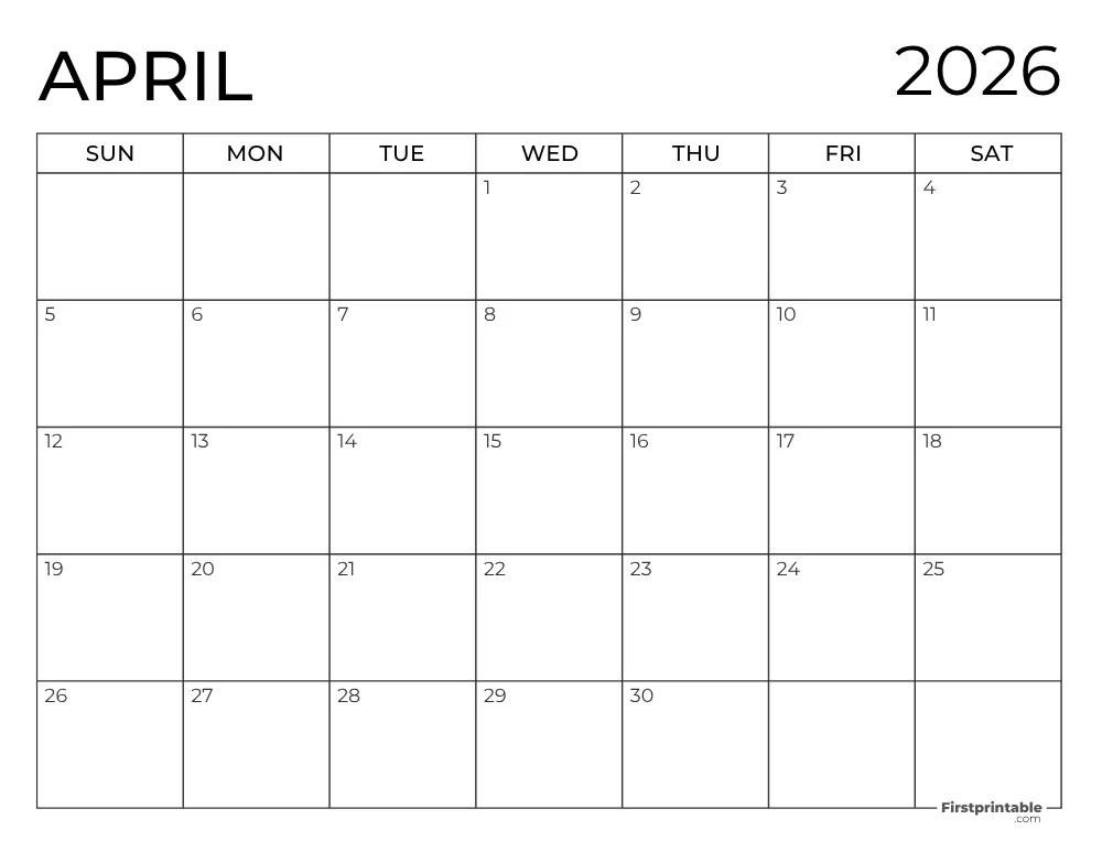 Printable April 2026 Calendar