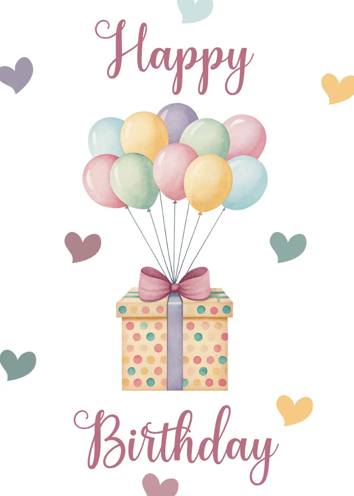Happy Birthday Card – Gift Box and Flying Balloon