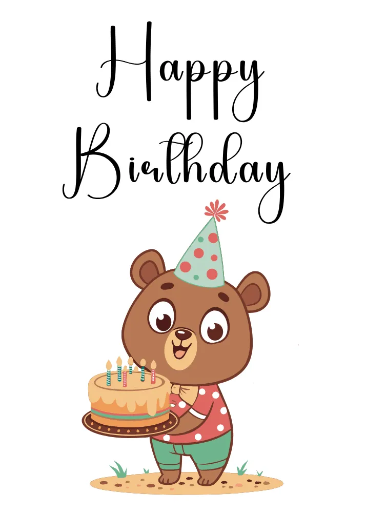 Happy Birthday Card with Cute Bear and Cake