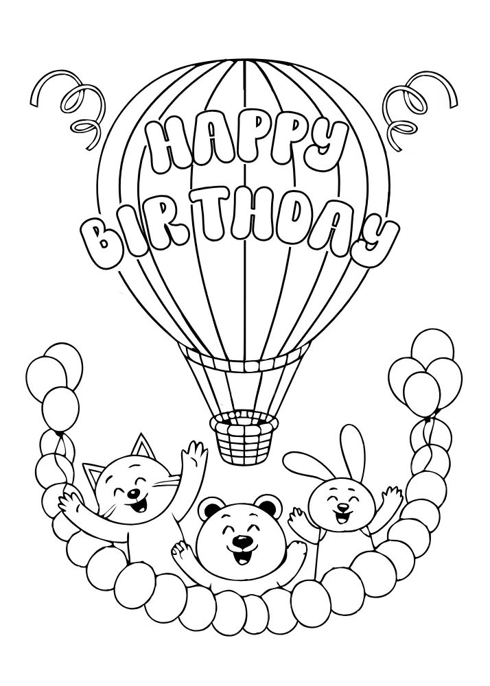 Happy Animal Themed Birthday Card to Color