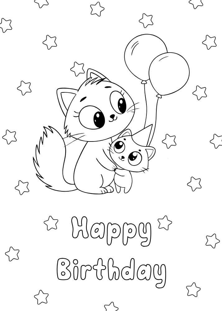 Cat and Stars Birthday Card to Color