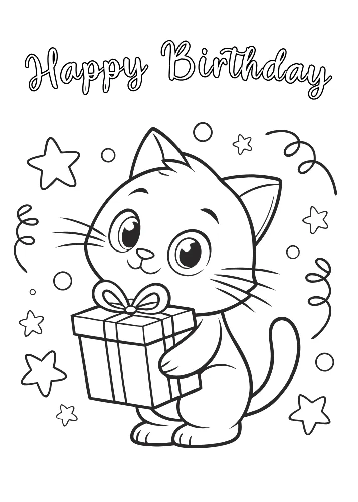 Cute Cat with Gift to Color the Birthday Card