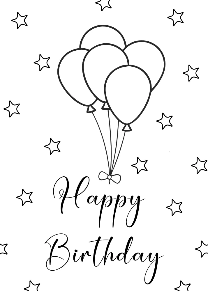 Balloons and Stars Birthday Card to Color