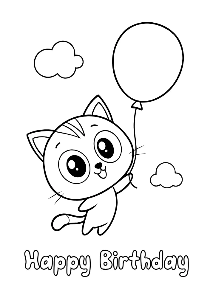Floating Cat with Balloon to Color
