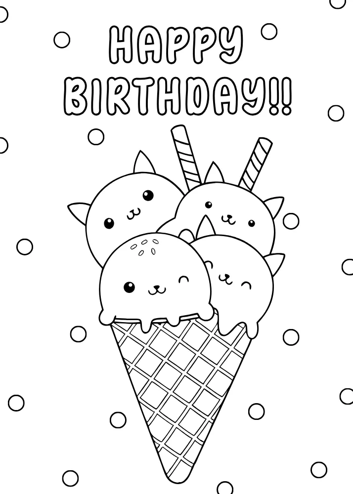 Kawaii Ice Cream Happy Birthday Card to Color