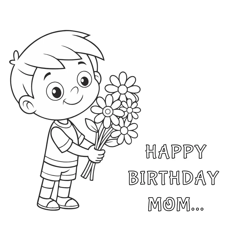 Boy with Flower Bunch to Mom Birthday Card