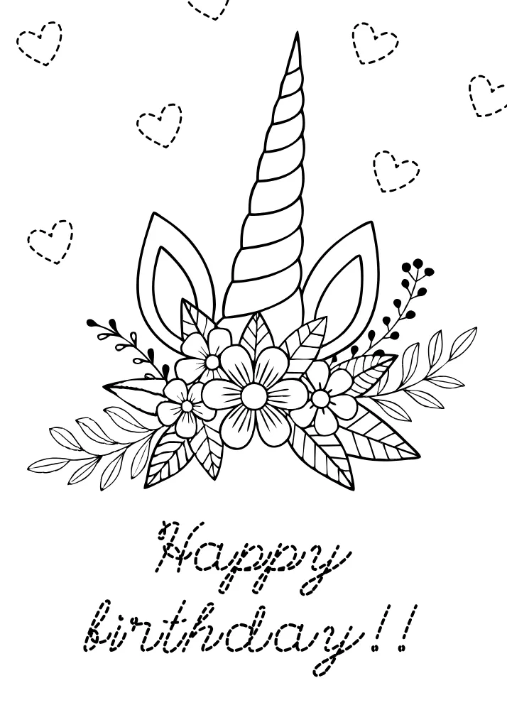 Printable Unicorn "Happy Birthday" Card to Color