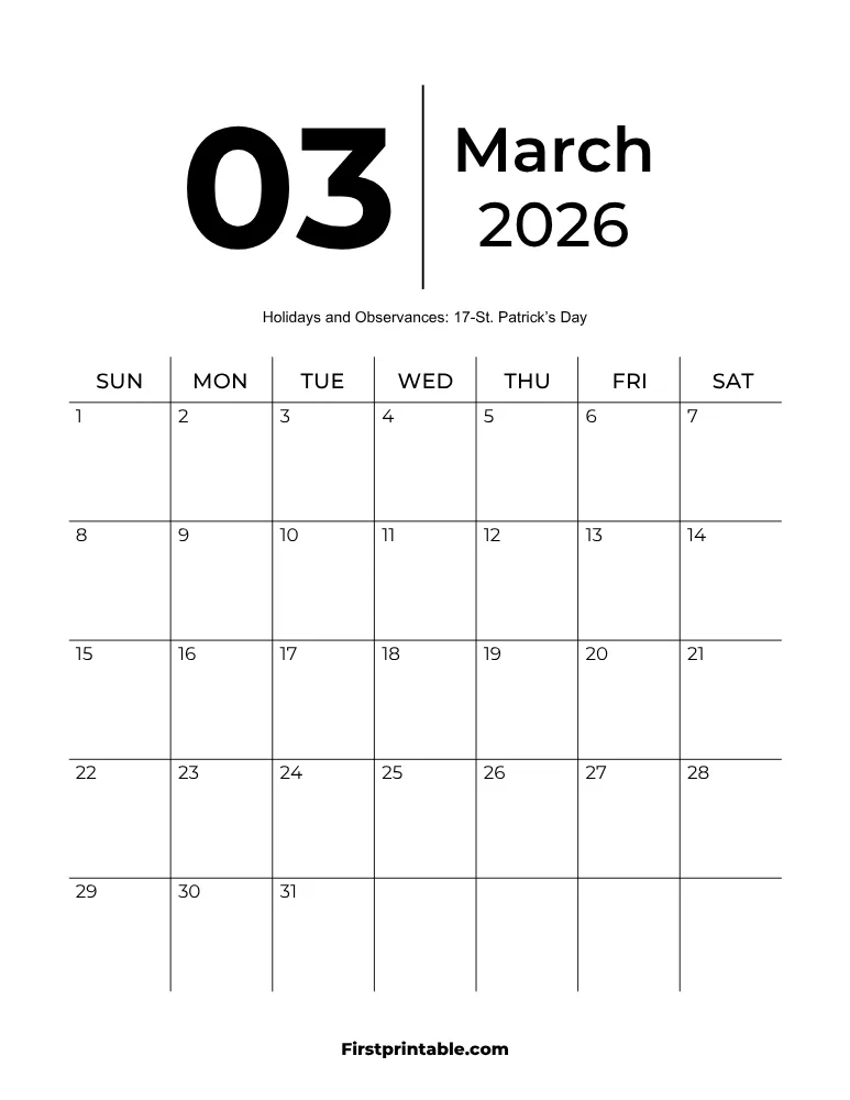 Printable March 2026 Calendar Template