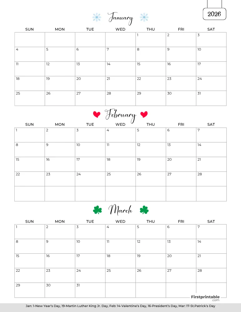 Printable Quarterly Calendar 2026 Q1 - Template 01