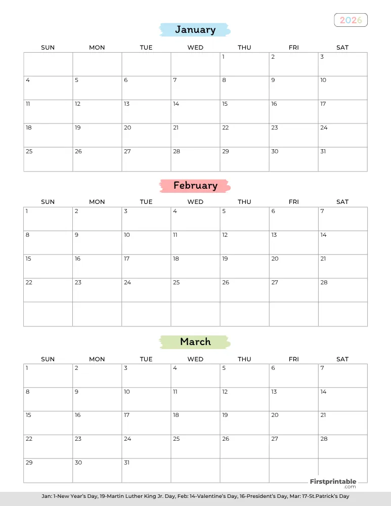Printable Quarterly Calendar 2026 Q1 - Template 02