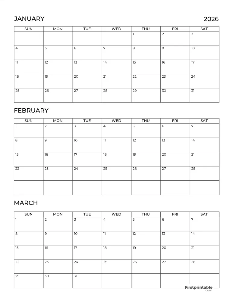 Printable Quarterly Calendar 2026 Q1 - Template 03
