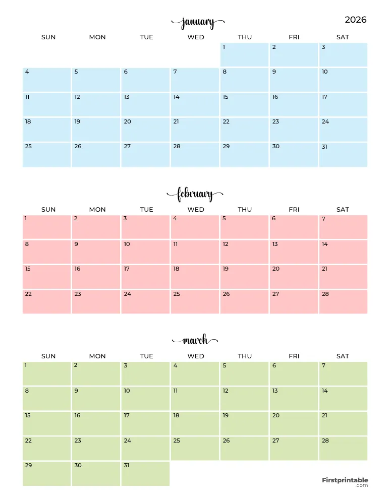 Printable Quarterly Calendar 2026 Q1 - Template 04