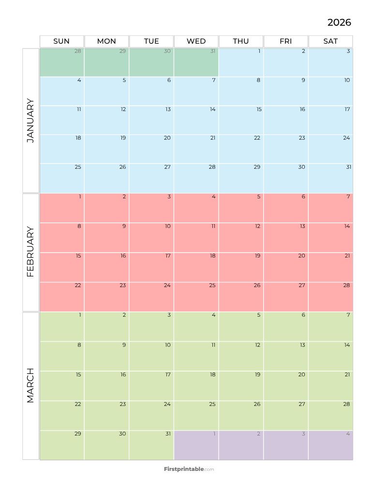 Printable Quarterly Calendar 2026 Q1 - Template 05