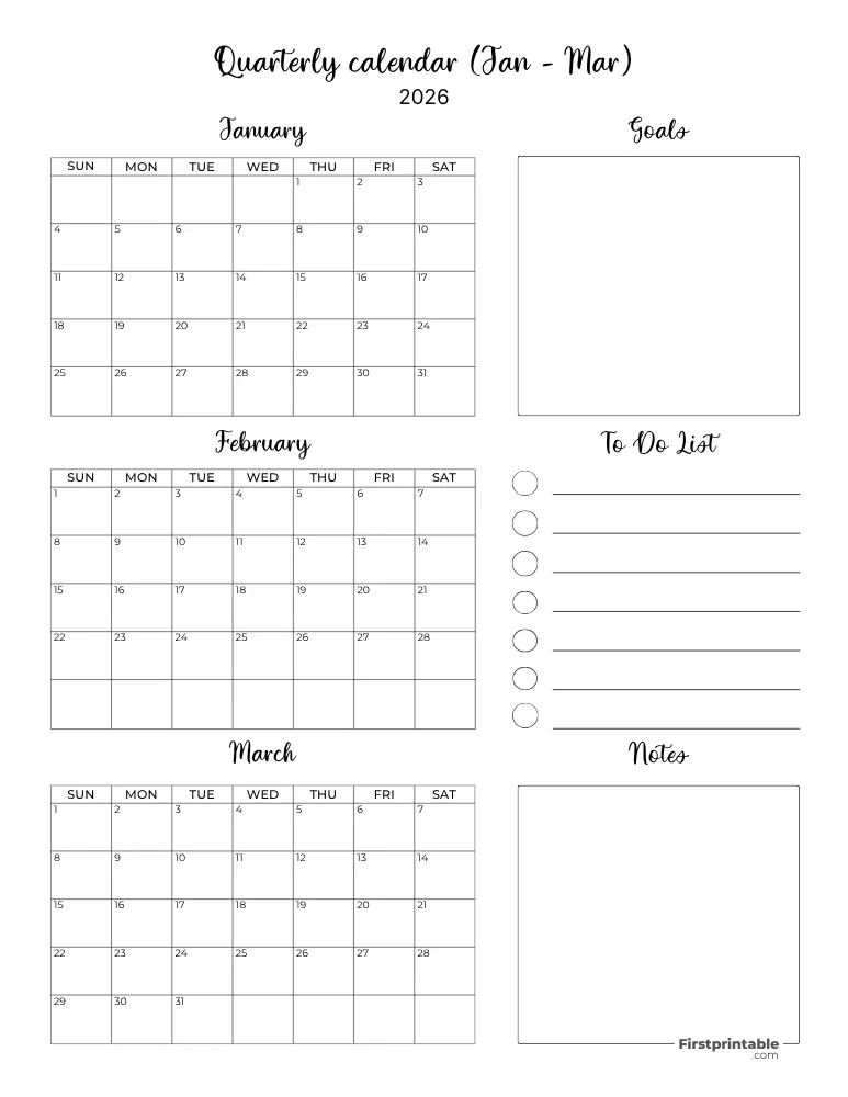 Printable Quarterly Calendar 2026 Q1 - Template 06