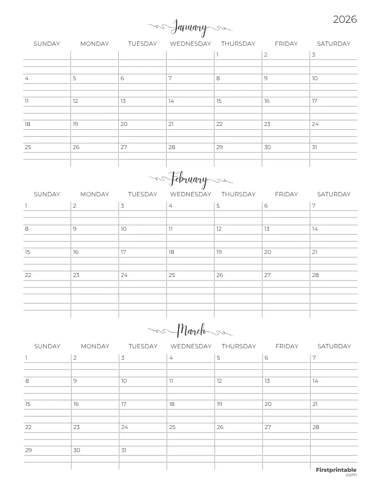 Printable Quarterly Calendar 2026 Q1 - Template 07