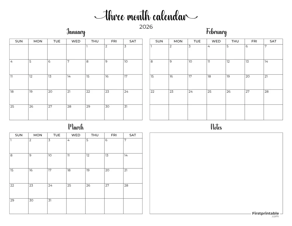 Printable Quarterly Calendar 2026 Q1 - Template 08