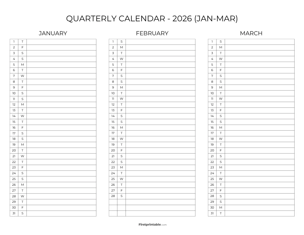 Printable Quarterly Calendar 2026 Q1 - Template 09