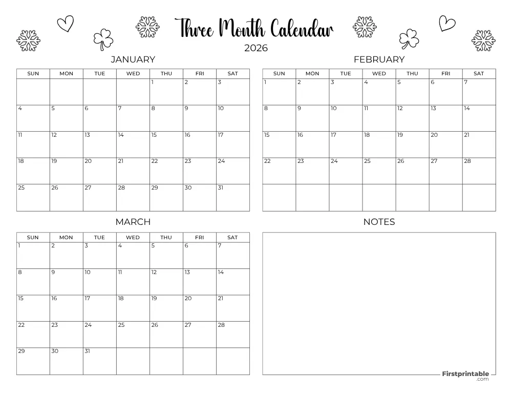 Printable Quarterly Calendar 2026 Q1 - Template 10