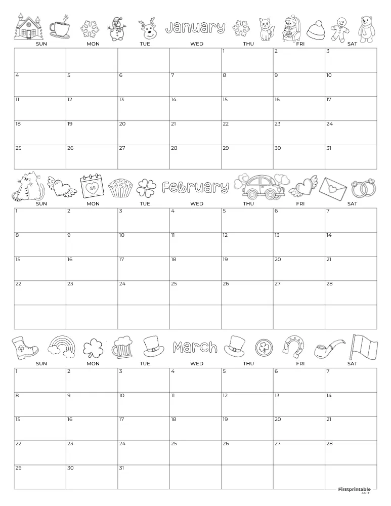 Printable Quarterly Calendar 2026 Q1 - Template 11