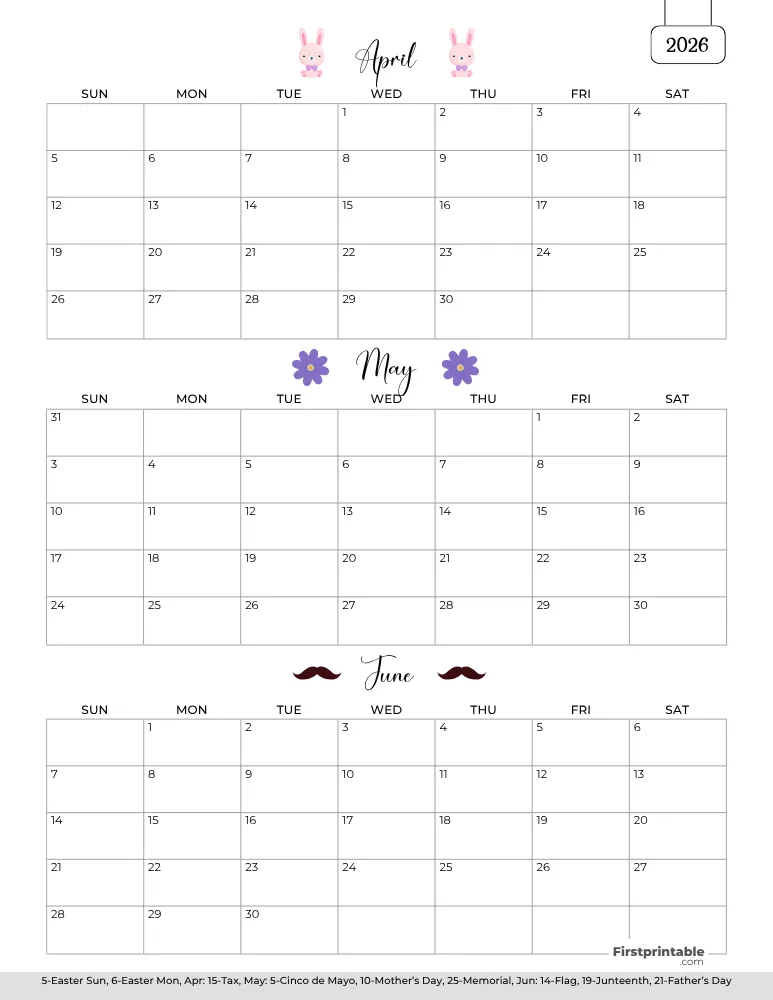 Printable Quarterly Calendar 2026 Q2 - Template 01