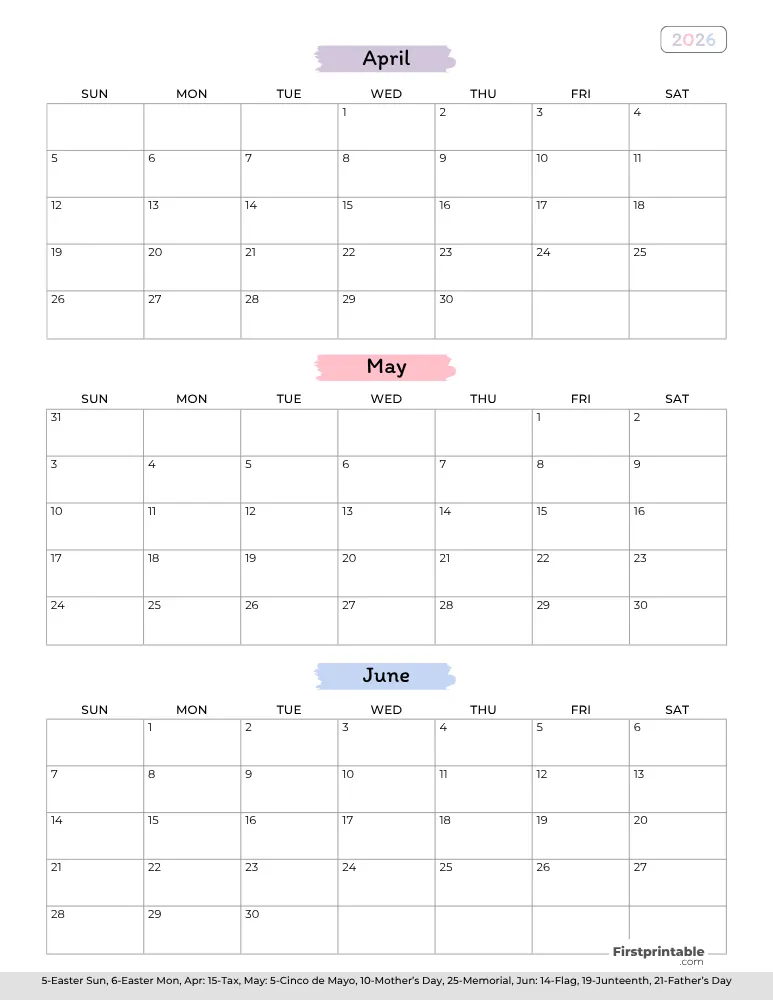 Printable Quarterly Calendar 2026 Q2 - Template 02