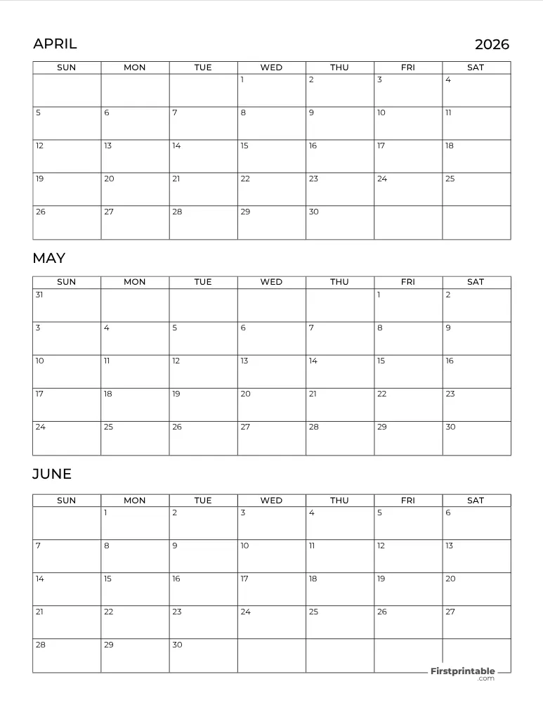 Printable Quarterly Calendar 2026 Q2 - Template 03