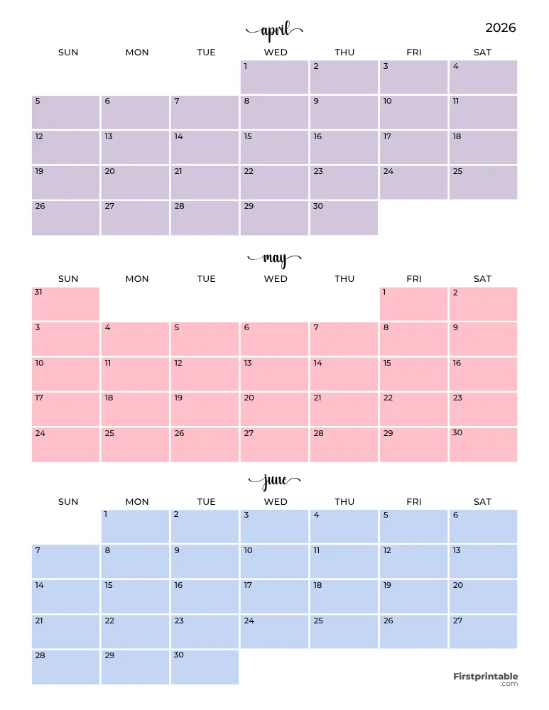 Printable Quarterly Calendar 2026 Q2 - Template 04