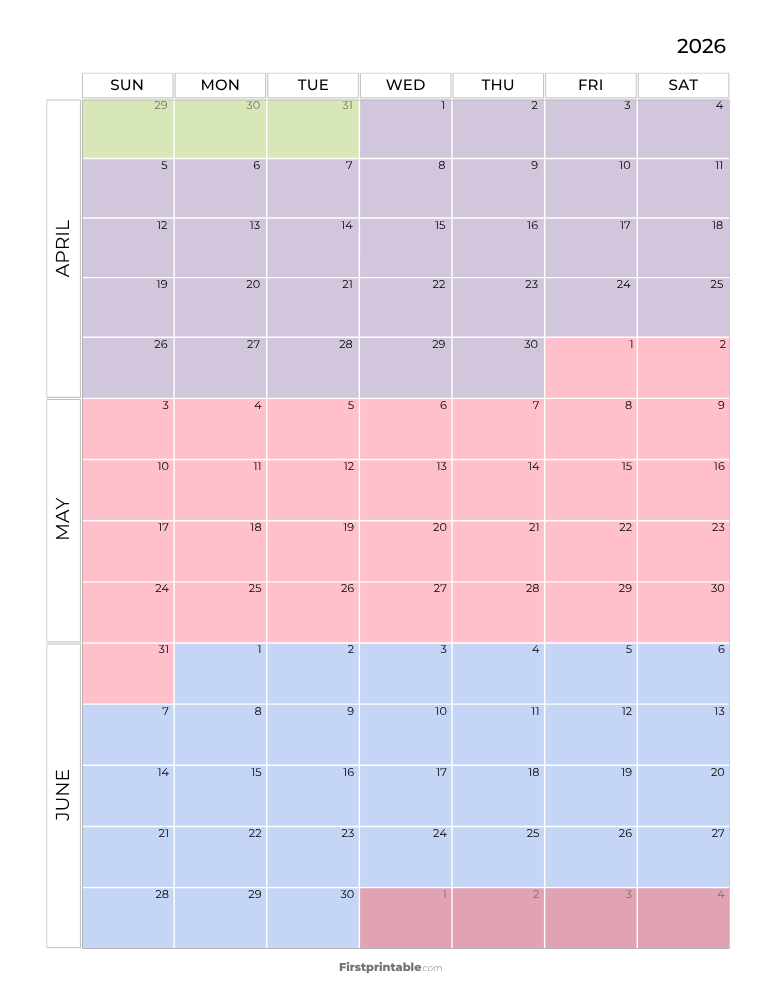 Printable Quarterly Calendar 2026 Q2 - Template 05