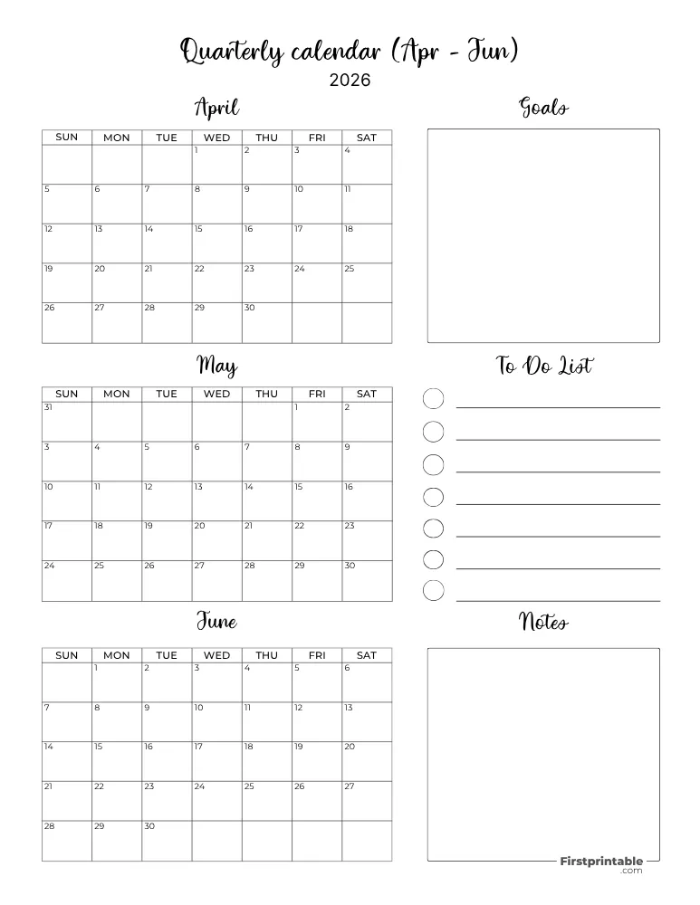 Printable Quarterly Calendar 2026 Q2 - Template 06