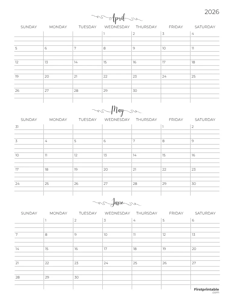 Printable Quarterly Calendar 2026 Q2 - Template 07
