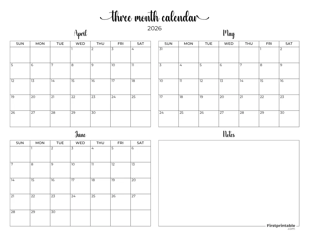 Printable Quarterly Calendar 2026 Q2 - Template 08