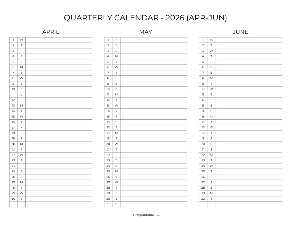 Printable Quarterly Calendar 2026 Q2 - Template 09