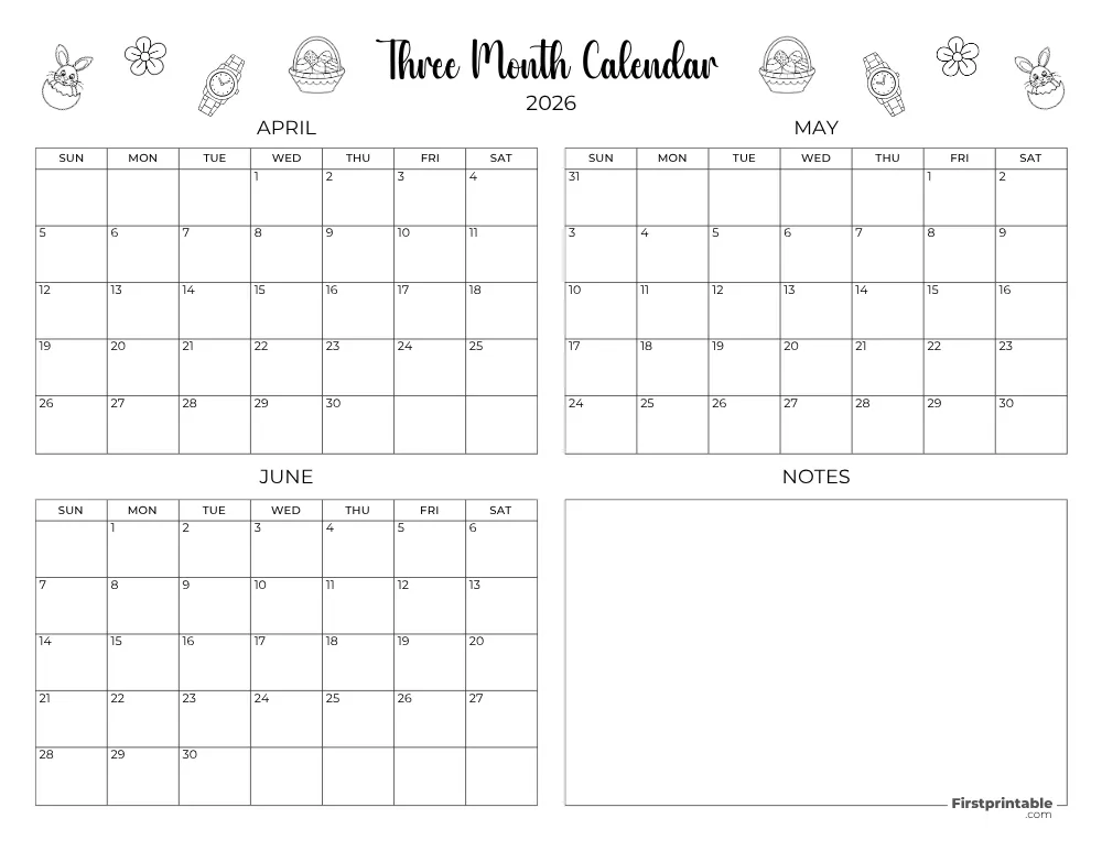 Printable Quarterly Calendar 2026 Q2 - Template 10