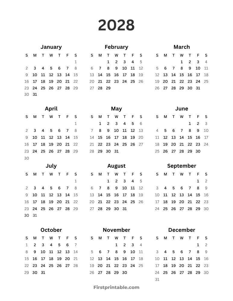 Year 2028 Calendar Simple portrait
