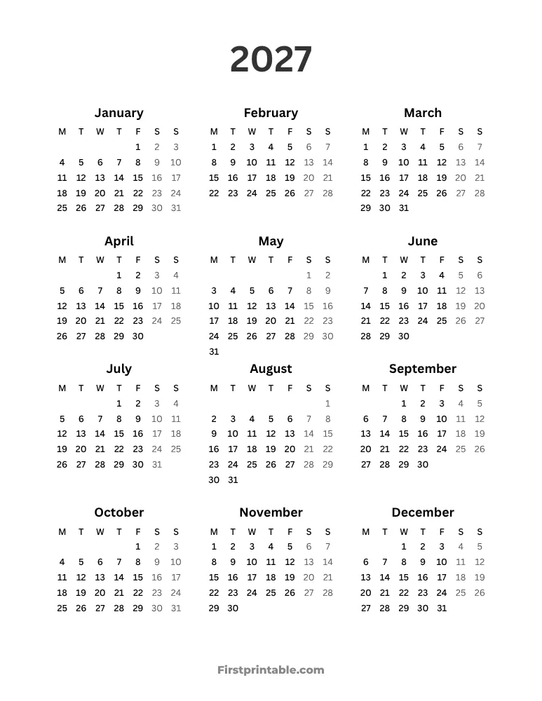 Year Calendar 2027 - Monday Start