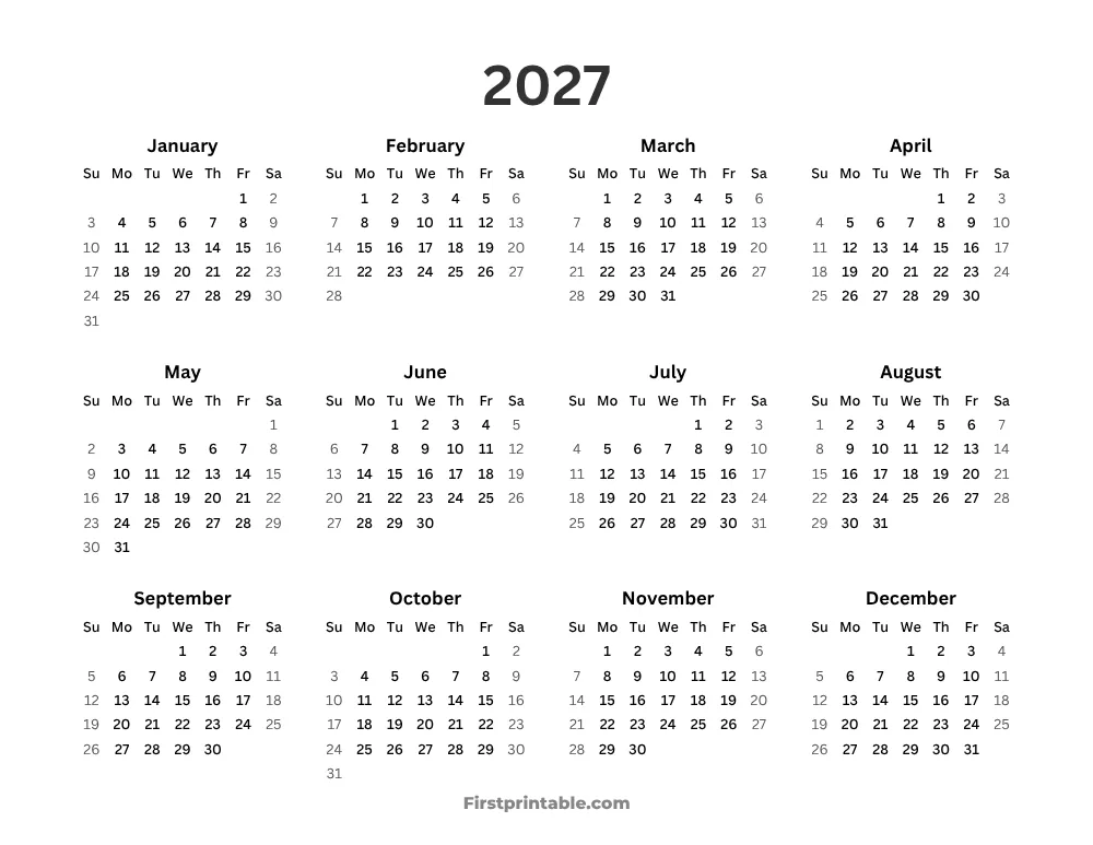 Year Calendar 2027 Simple Landscape