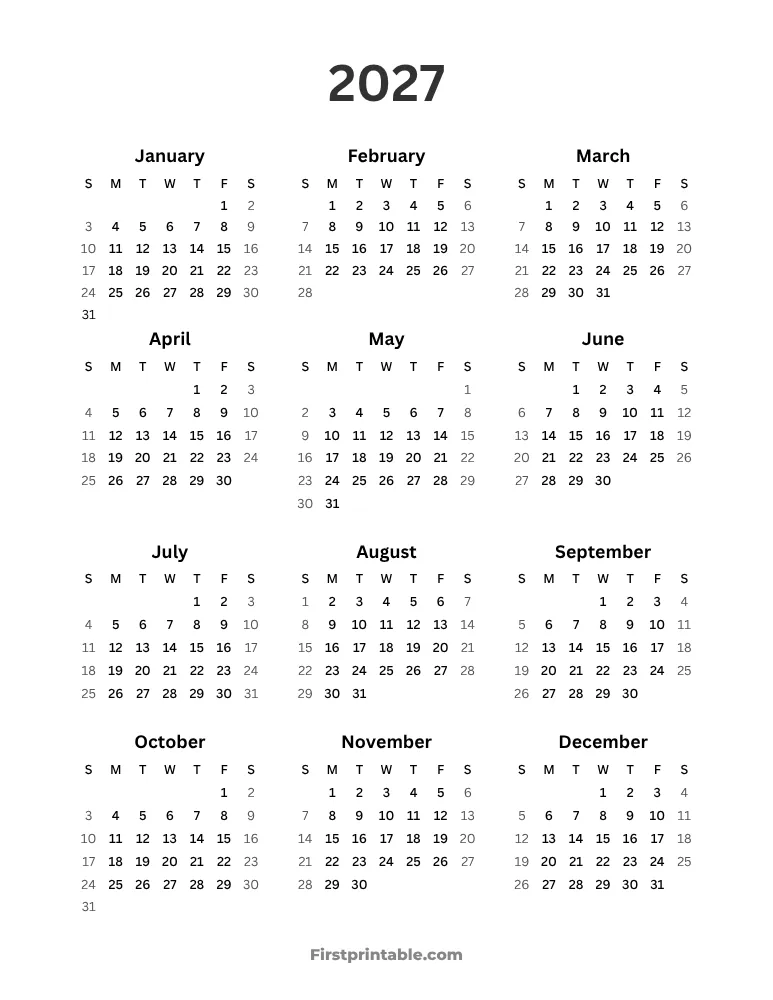 Year Calendar 2027 Simple portrait