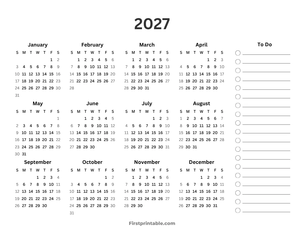 Year Calendar 2027 with To Do List Landscape