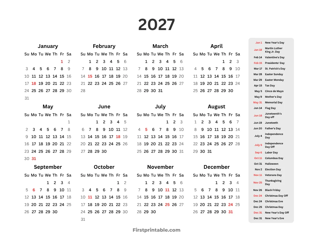 Year Calendar 2027 with holidays Landscape