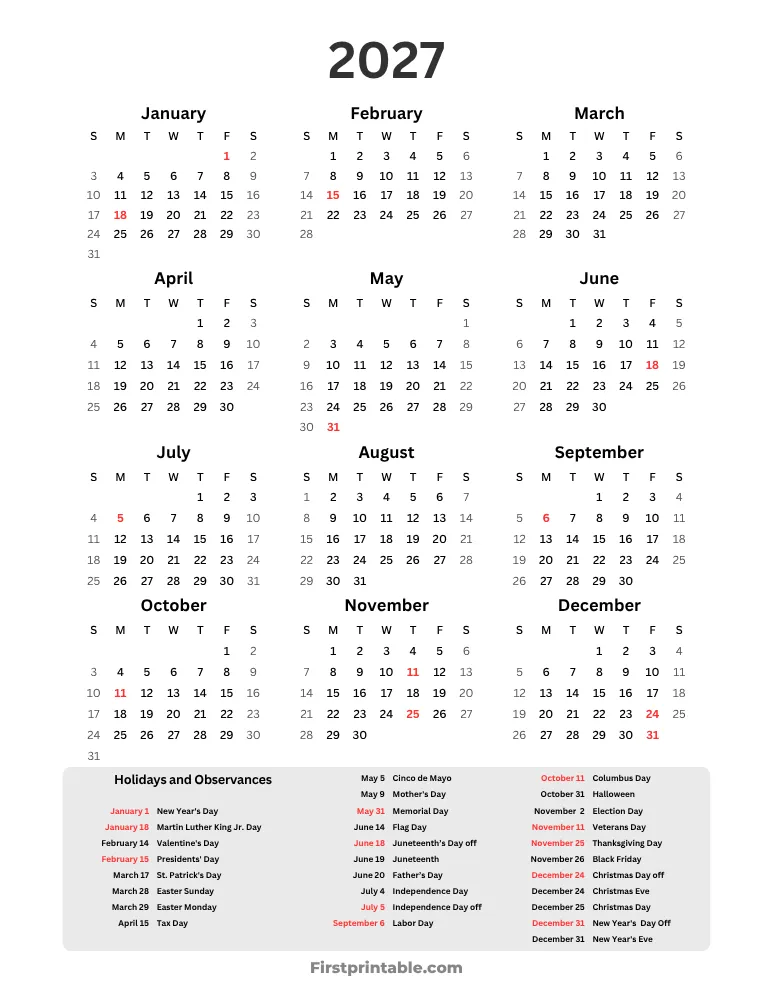 Year Calendar 2027 with holidays portrait