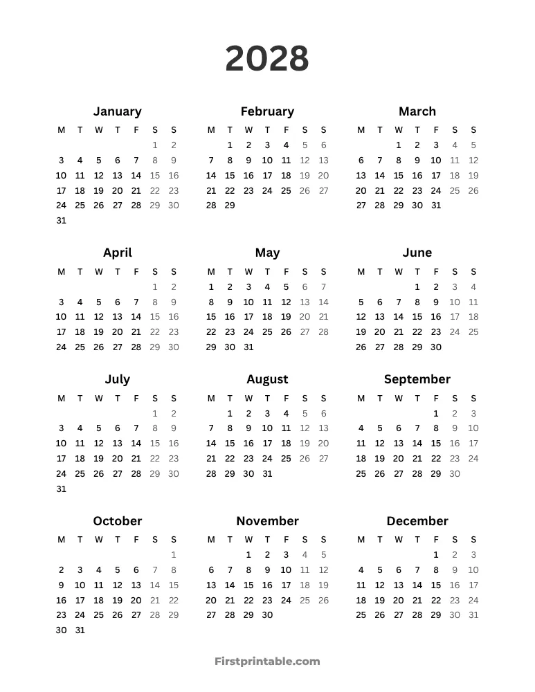 Year Calendar 2028 - Monday Start