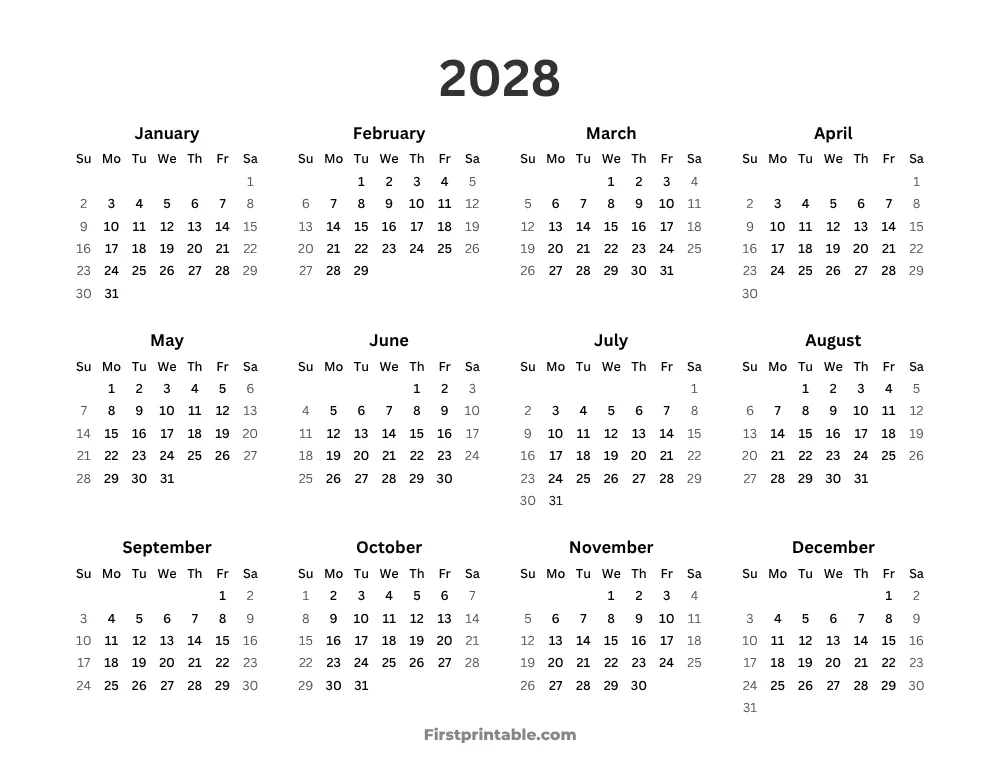Year Calendar 2028 Simple Landscape