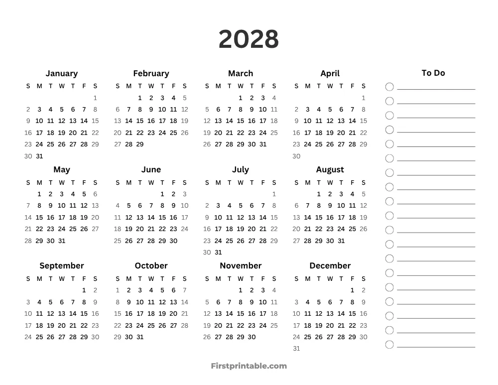 Year Calendar 2028 with To Do List Landscape